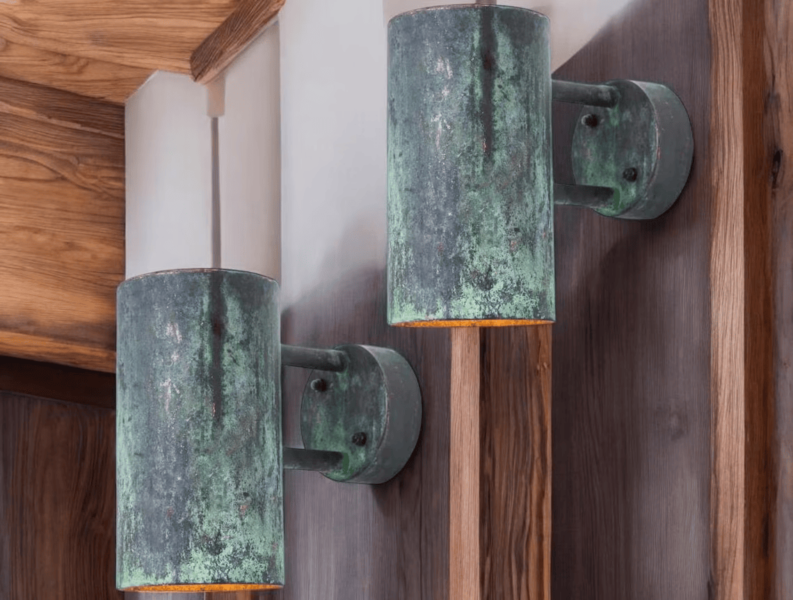 Hand-Hammered Cylindrical Copper Wall Sconce - Aged Verdigris Green Patina - Mettlemix