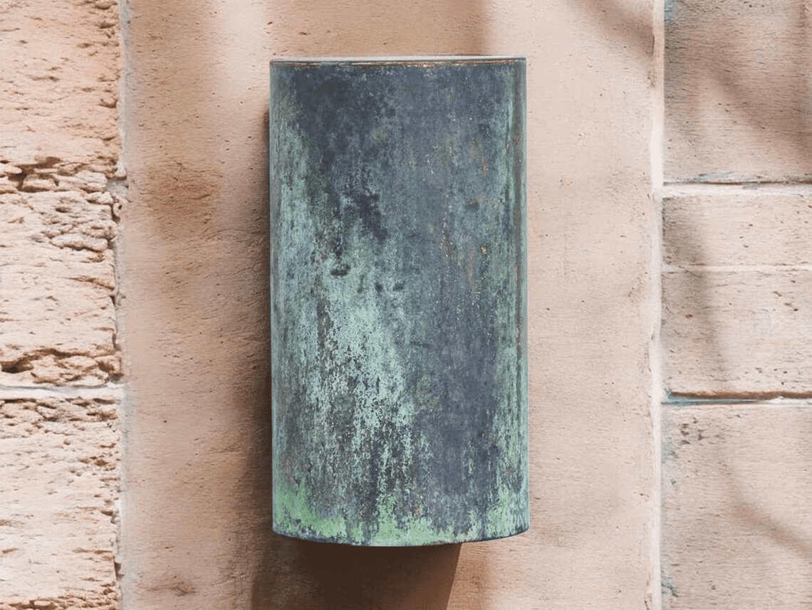 Hand-Hammered Cylindrical Copper Wall Sconce - Aged Verdigris Green Patina - Mettlemix