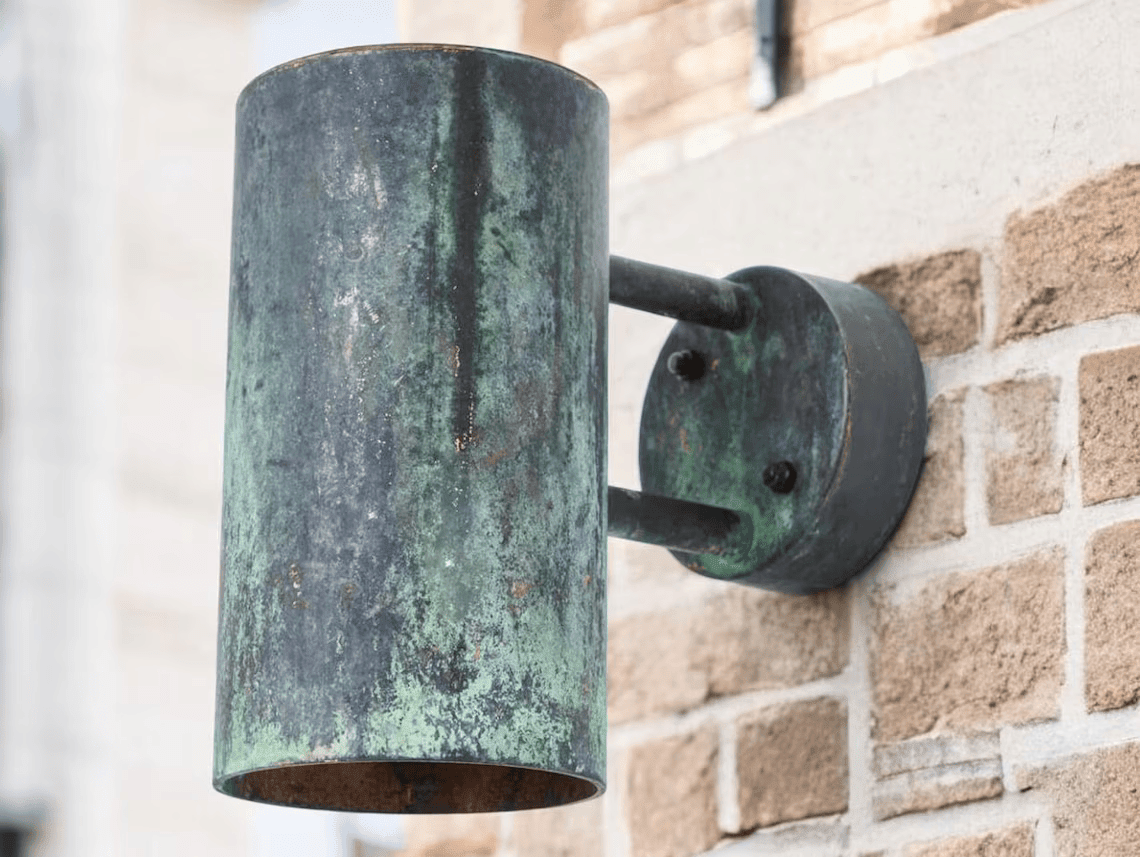 Hand-Hammered Cylindrical Copper Wall Sconce - Aged Verdigris Green Patina - Mettlemix