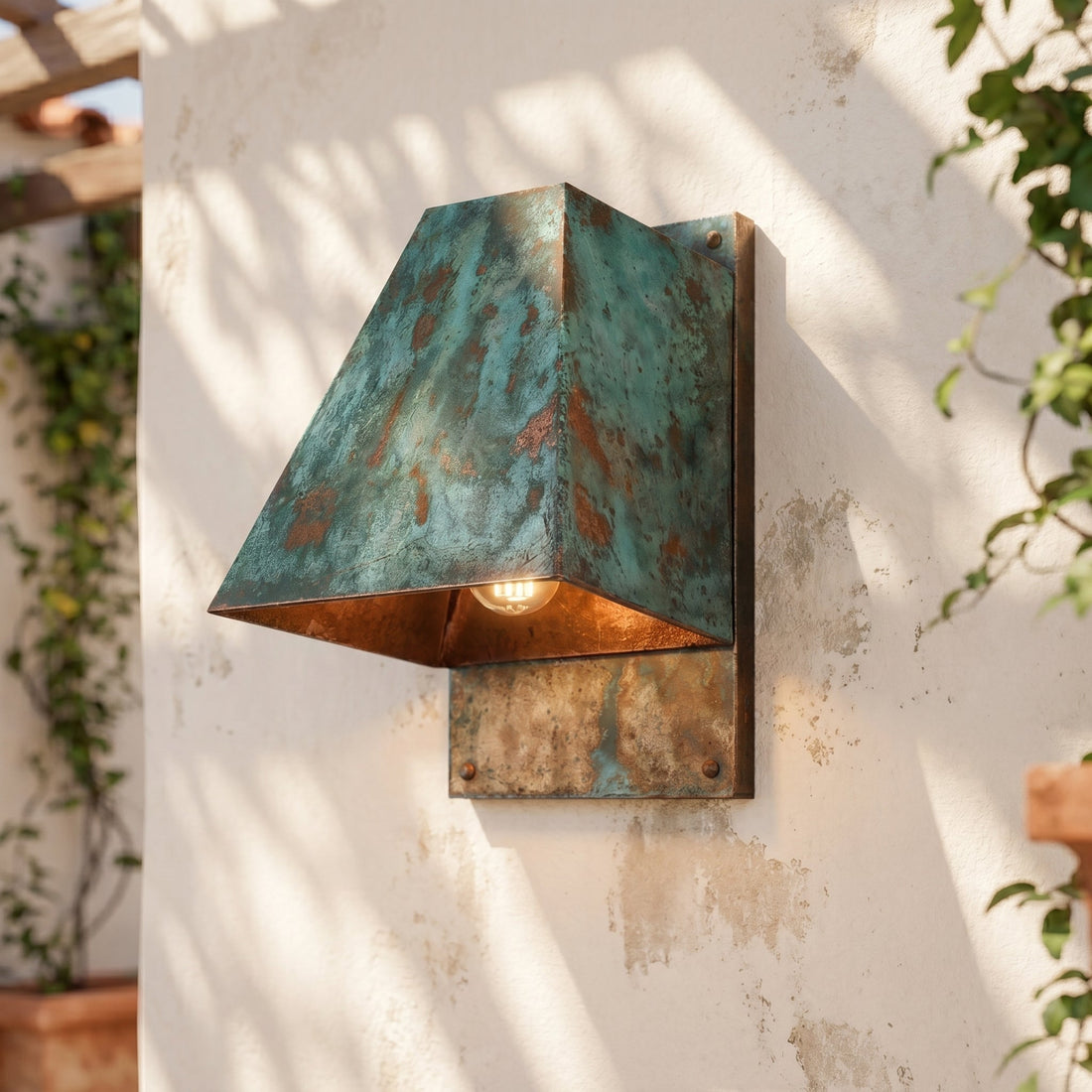 Hand-Hammered Oxidized Copper Wall Sconce - Blue-Green Patina - Mettlemix