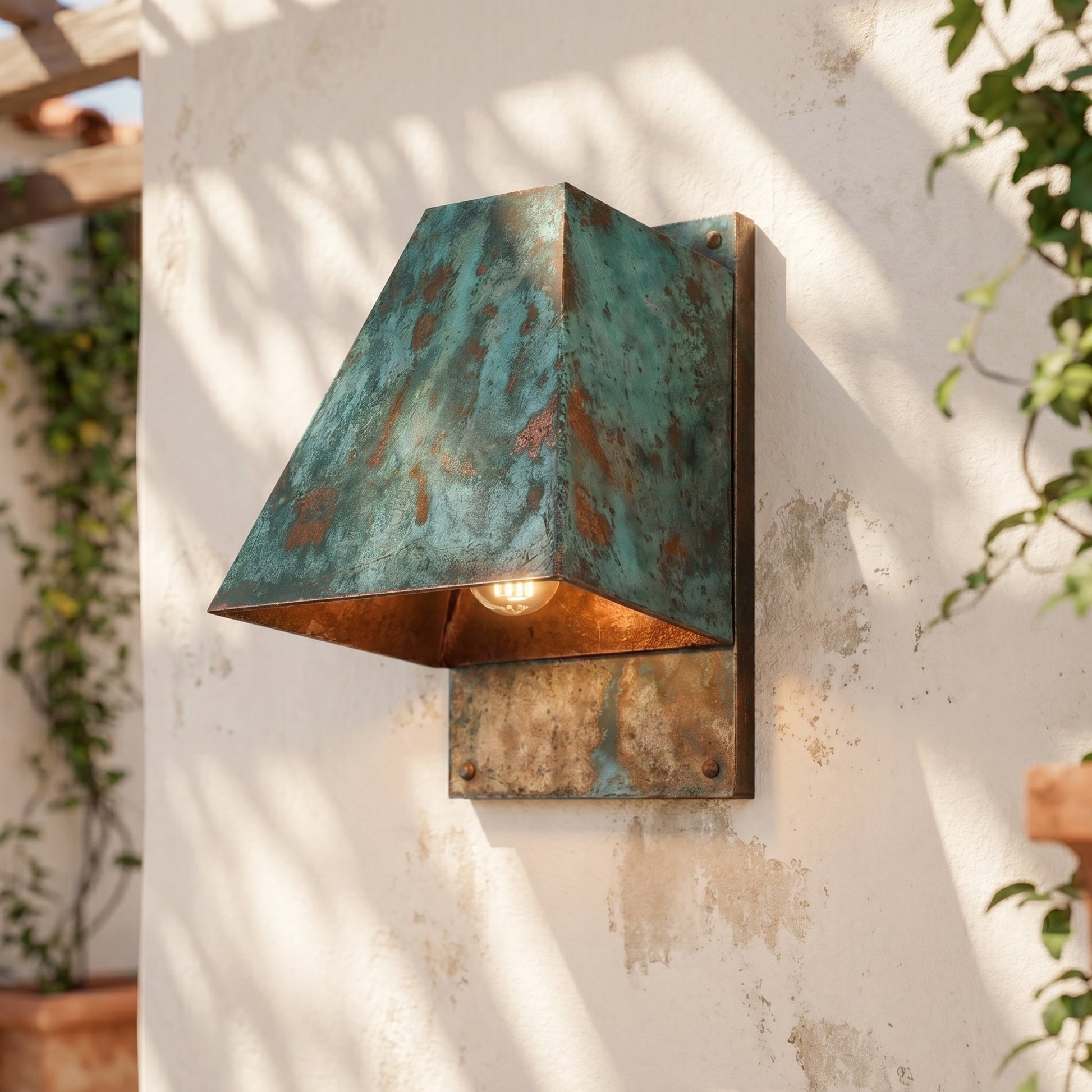 Hand-Hammered Oxidized Copper Wall Sconce - Blue-Green Patina - Mettlemix
