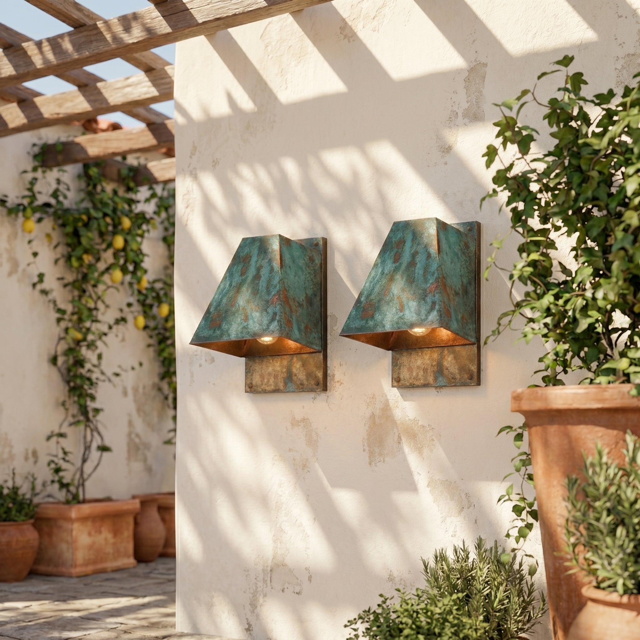 Hand-Hammered Oxidized Copper Wall Sconce - Blue-Green Patina - Mettlemix