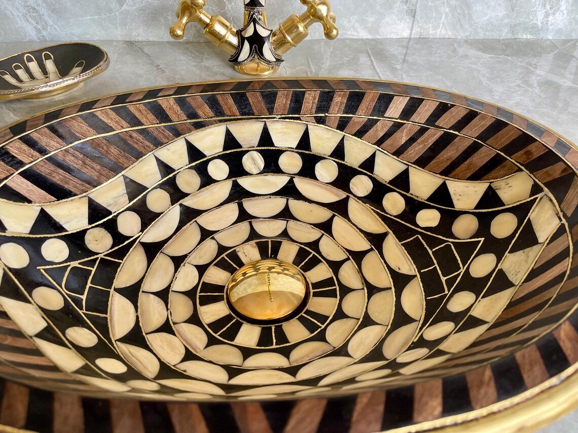 Hand-Studded Brass Sink & Faucet Set - "Eye Shape" Mosaic with Resin & Bone Inlay - Mettlemix