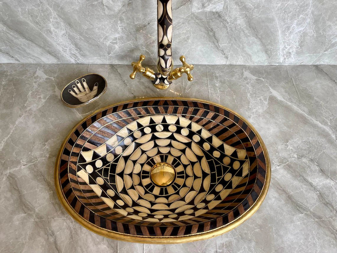 Hand-Studded Brass Sink & Faucet Set - "Eye Shape" Mosaic with Resin & Bone Inlay - Mettlemix