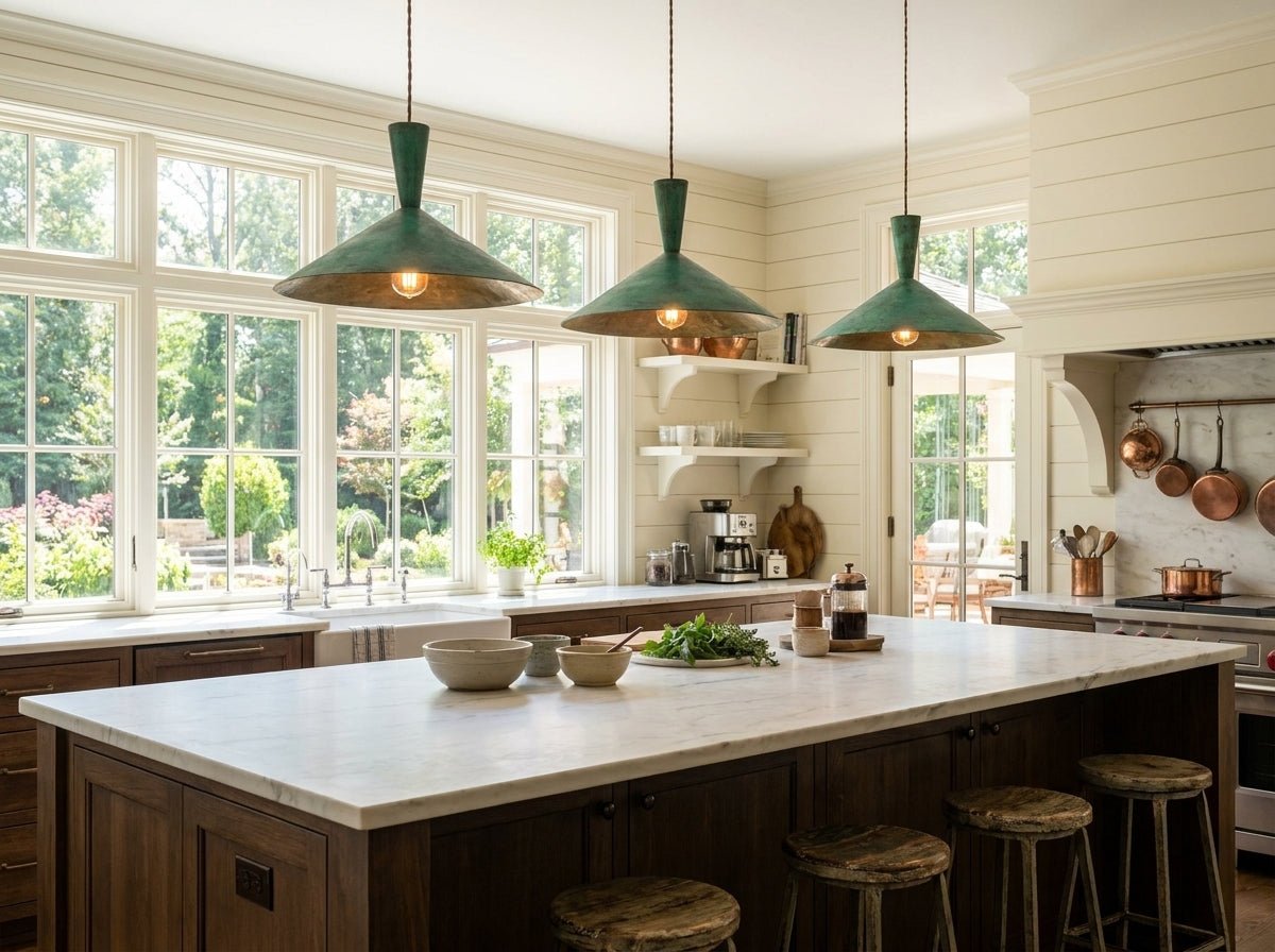 Handcrafted Brass Dome Pendant Light - Green Patina Ceiling Lamp - Mettlemix