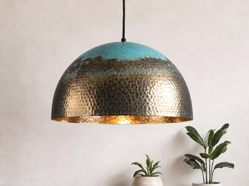 Handcrafted Brass Lamp, Verdigris Bronze Pendant Light, Gold Dome Chandelier, Mid Century Modern Ceiling Lighting, Rustic Farmhouse Decor - Mettlemix