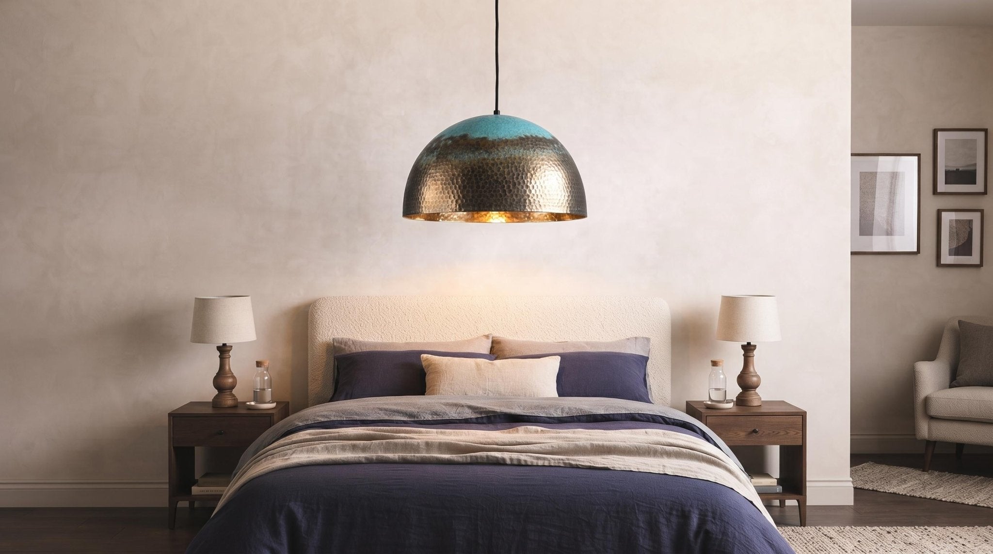 Handcrafted Brass Lamp, Verdigris Bronze Pendant Light, Gold Dome Chandelier, Mid Century Modern Ceiling Lighting, Rustic Farmhouse Decor - Mettlemix