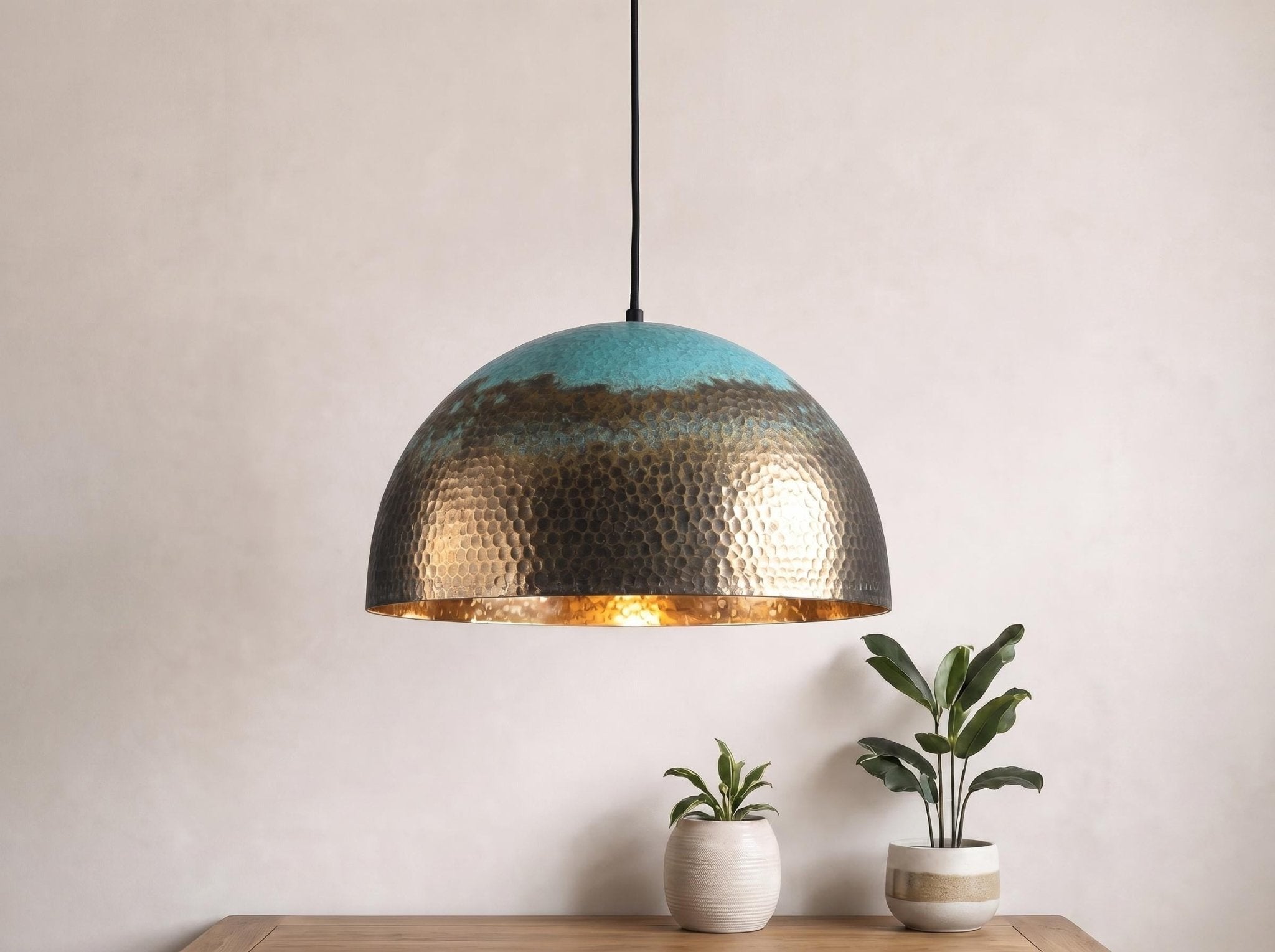 Handcrafted Brass Lamp, Verdigris Bronze Pendant Light, Gold Dome Chandelier, Mid Century Modern Ceiling Lighting, Rustic Farmhouse Decor - Mettlemix