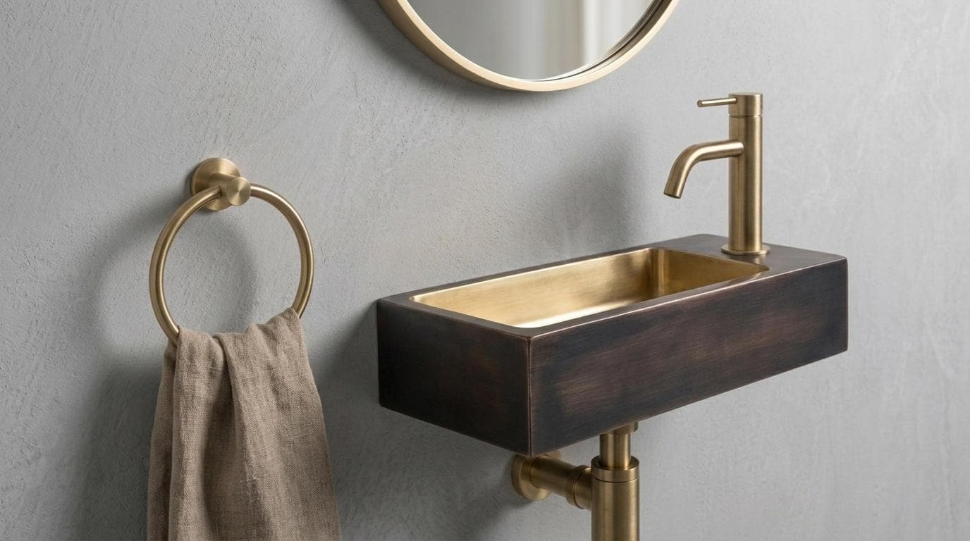 Handcrafted Brass Sink, Oil Rubbed Wall Mounted Floating Basin, Smooth Rectangular Washbasin, Metal Vanity, Dark Brass Bathroom Wash Sinks - Mettlemix