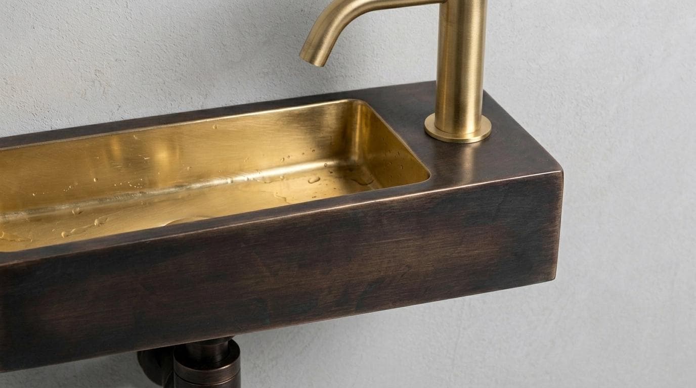 Handcrafted Brass Sink, Oil Rubbed Wall Mounted Floating Basin, Smooth Rectangular Washbasin, Metal Vanity, Dark Brass Bathroom Wash Sinks - Mettlemix