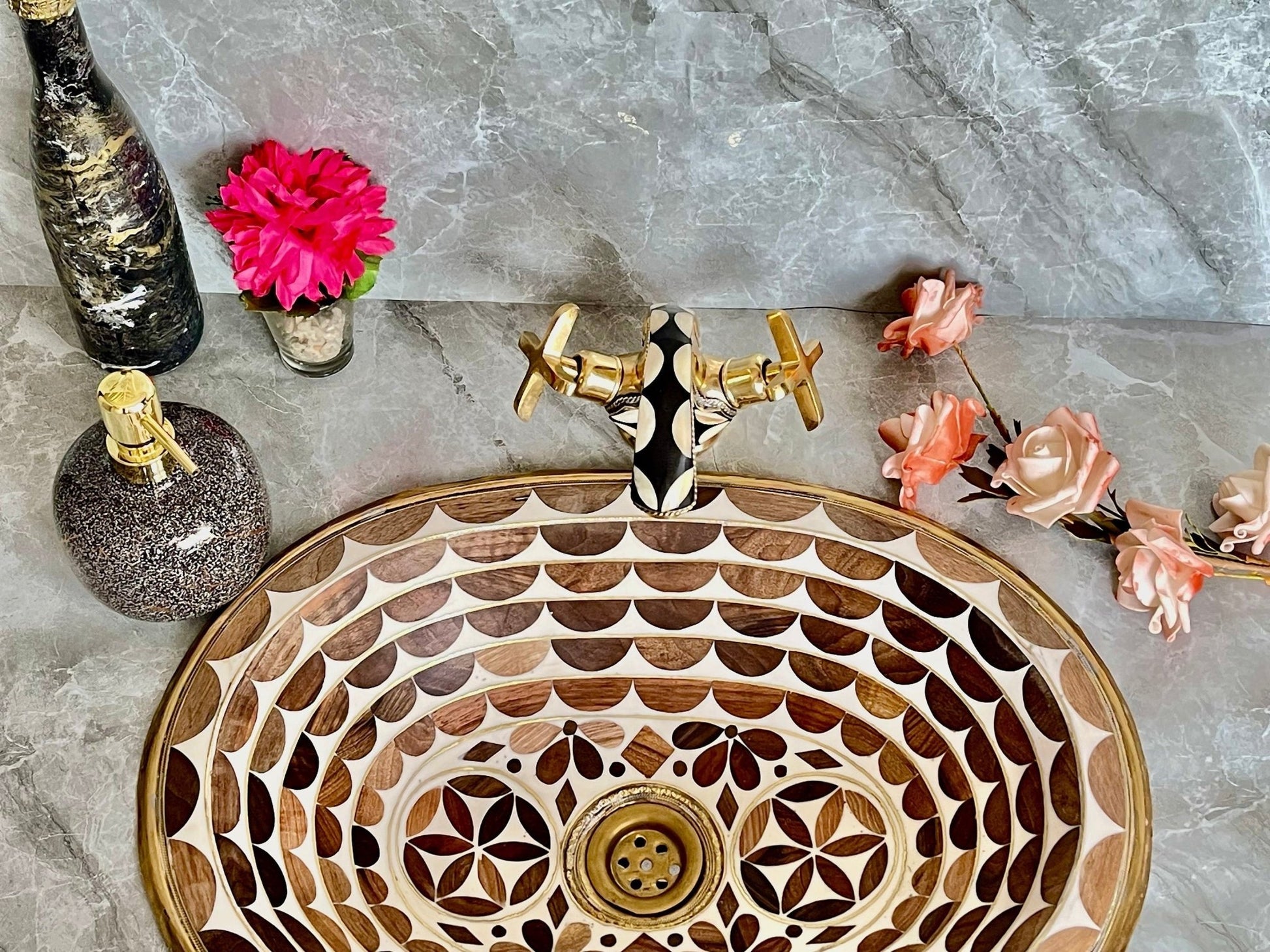 Handcrafted Drop In Bathroom Sink - Oval Brass & Wood Vanity Basin - Mettlemix