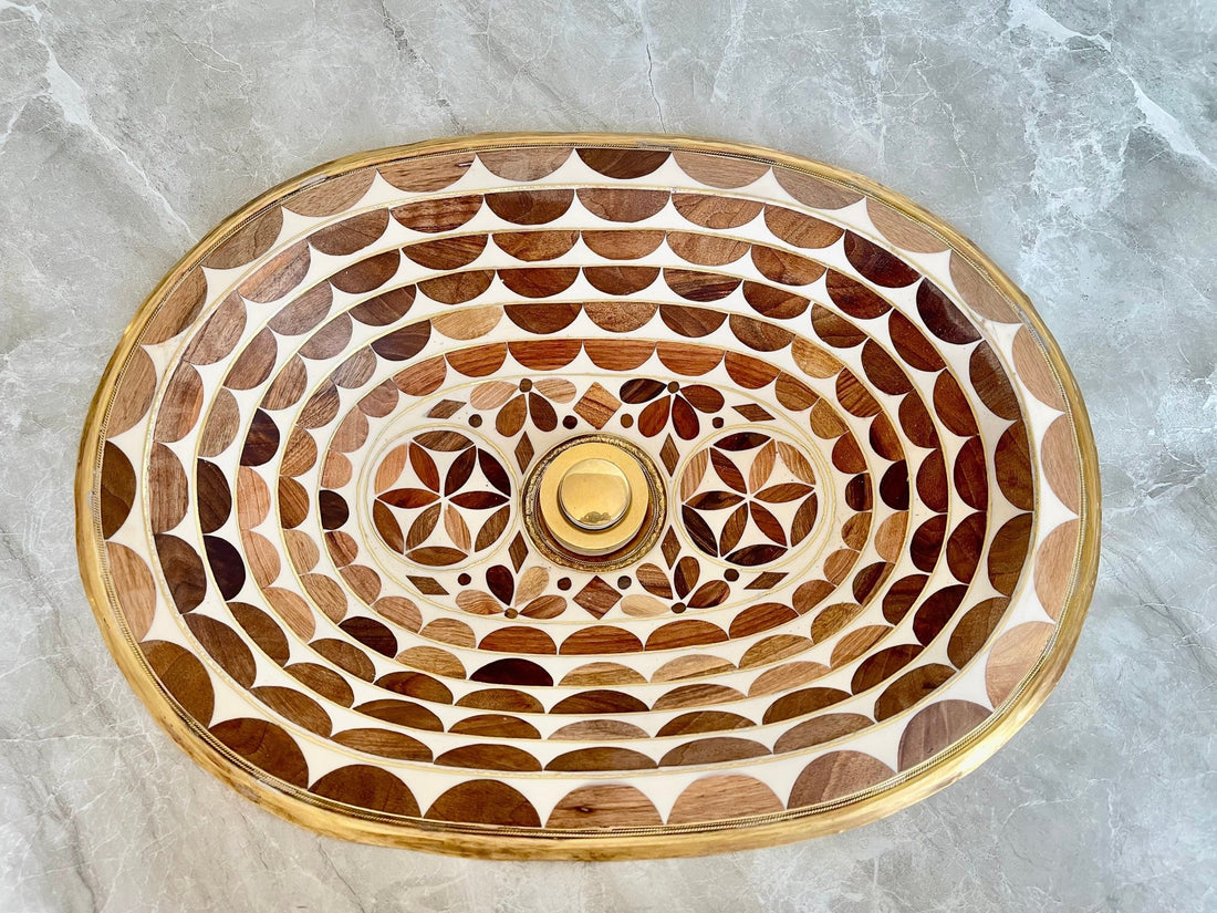 Handcrafted Drop In Bathroom Sink - Oval Brass & Wood Vanity Basin - Mettlemix