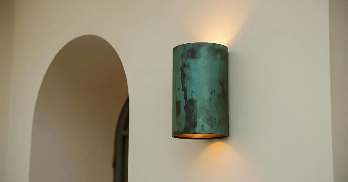 Handcrafted Green Patina Copper Wall Sconce - Modern Scandinavian Outdoor Up & Down Light - Mettlemix