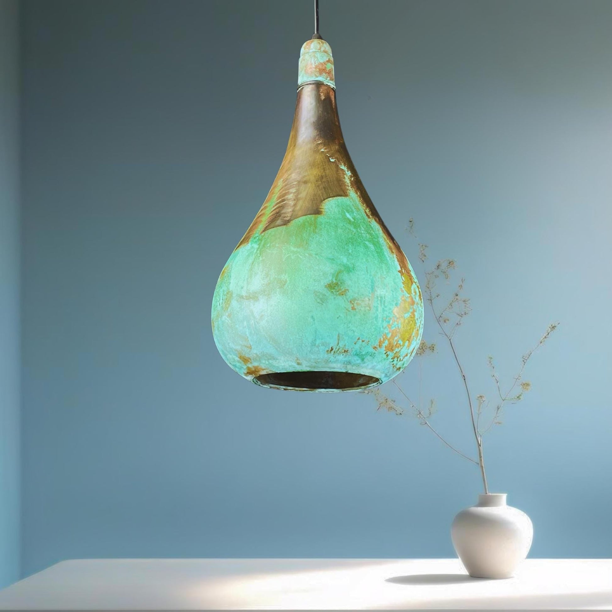 Handcrafted Patina Copper Pendant Light: Rustic Green Ceiling Lamp - Mettlemix