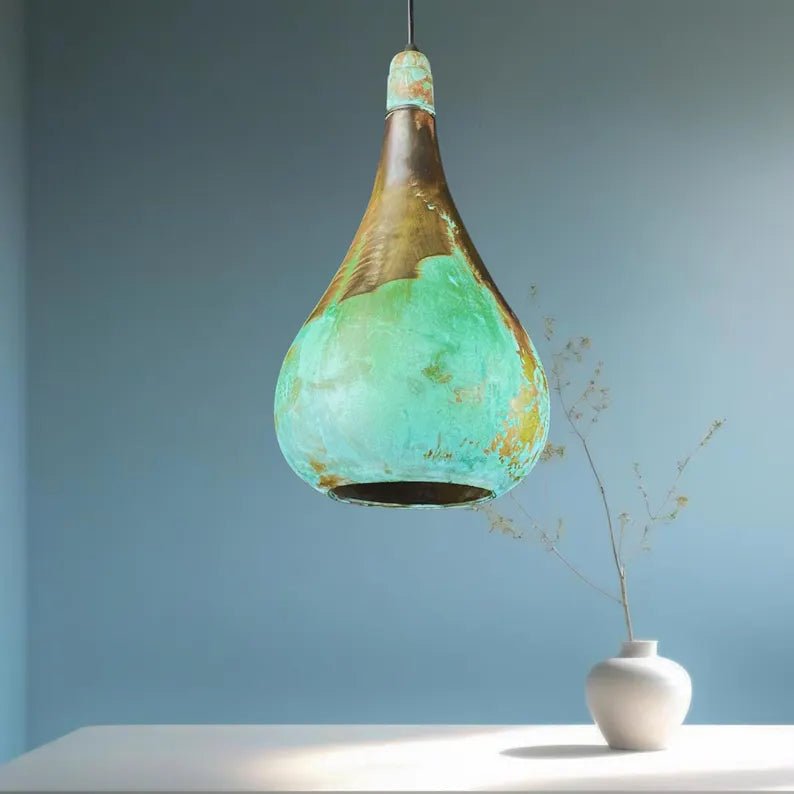 Handcrafted Patina Copper Pendant Light - Rustic Green Ceiling Lamp - Mettlemix