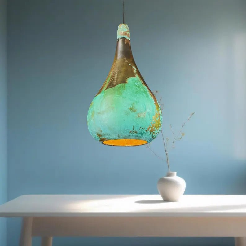 Handcrafted Patina Copper Pendant Light - Rustic Green Ceiling Lamp - Mettlemix