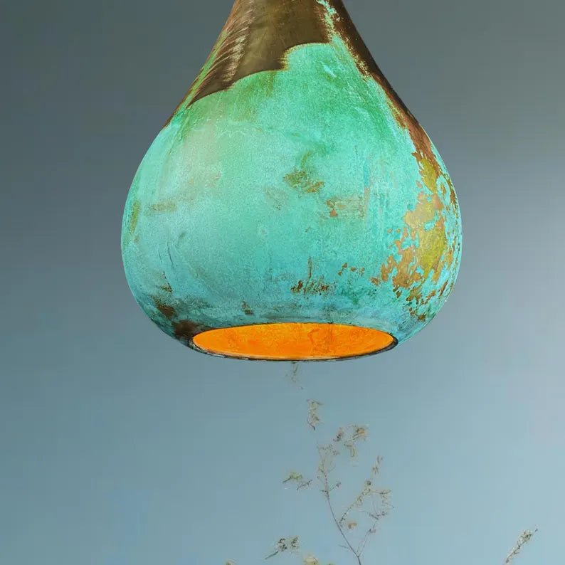 Handcrafted Patina Copper Pendant Light - Rustic Green Ceiling Lamp - Mettlemix