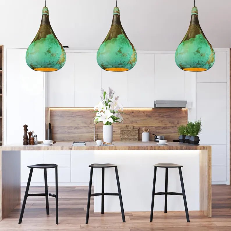 Handcrafted Patina Copper Pendant Light - Rustic Green Ceiling Lamp - Mettlemix
