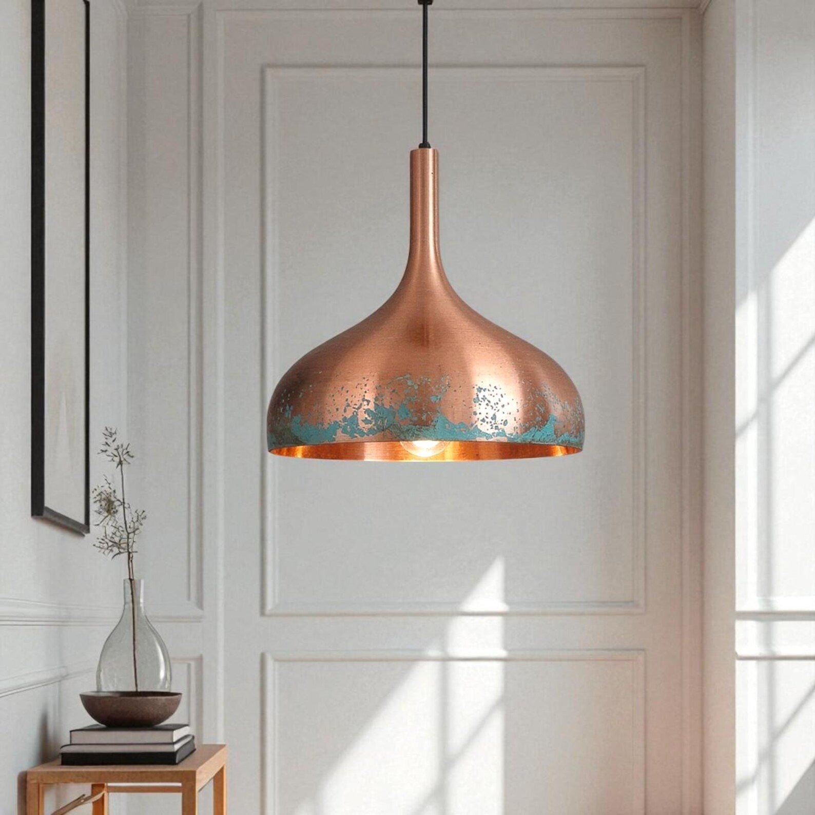 Handcrafted Teardrop Copper Pendant Light - Natural Green Patina - Mettlemix