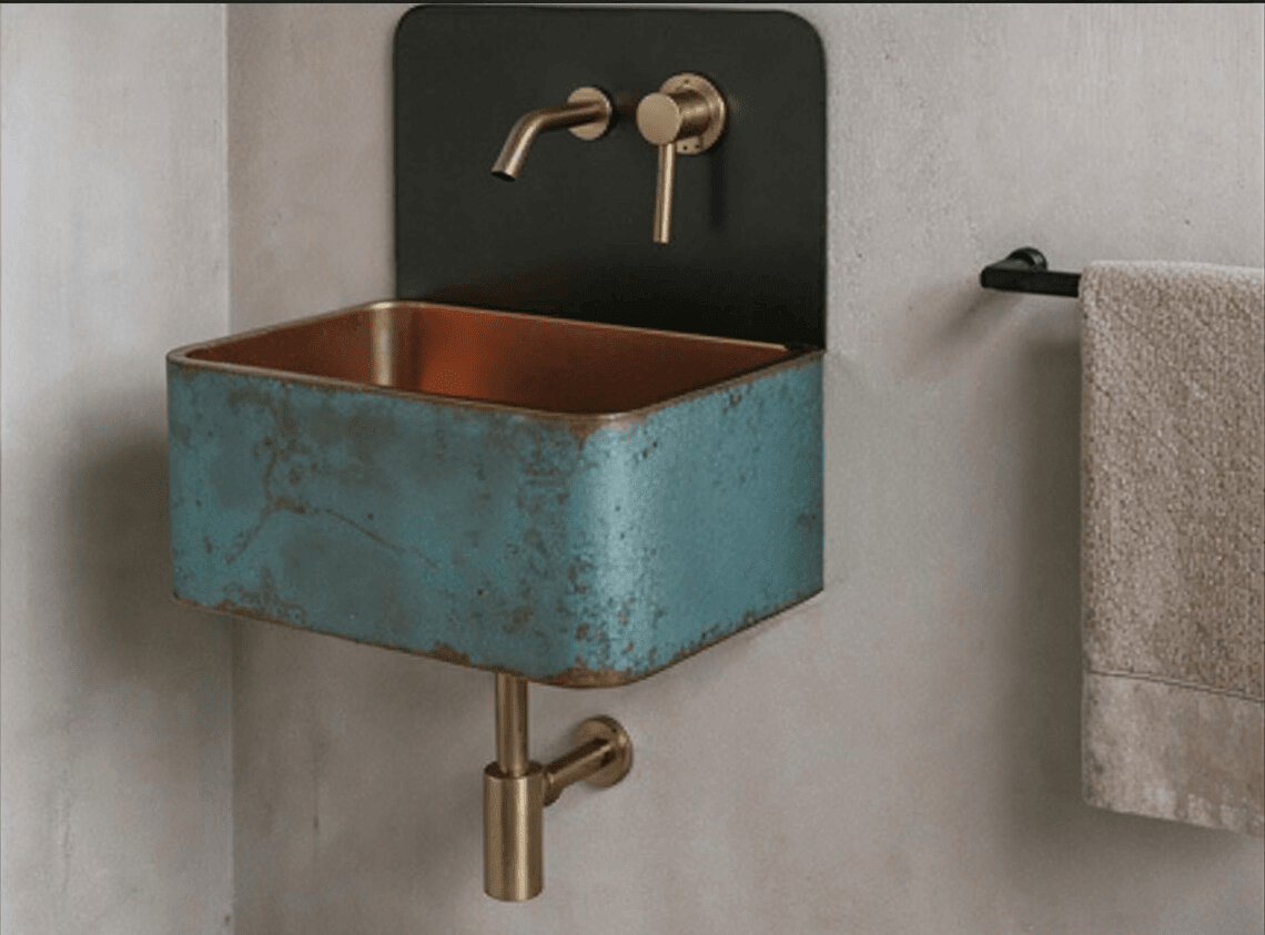 Handcrafted Wall-Mounted Blue Patina Copper Sink - Industrial Vanity Basin Set - Mettlemix