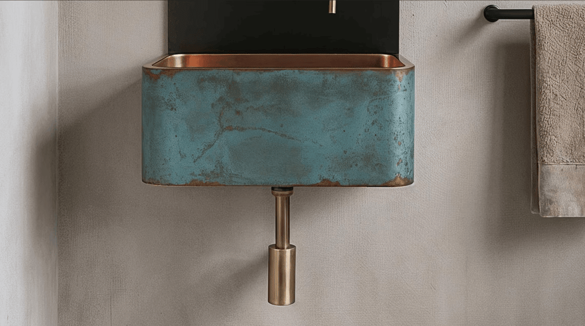 Handcrafted Wall-Mounted Blue Patina Copper Sink - Industrial Vanity Basin Set - Mettlemix