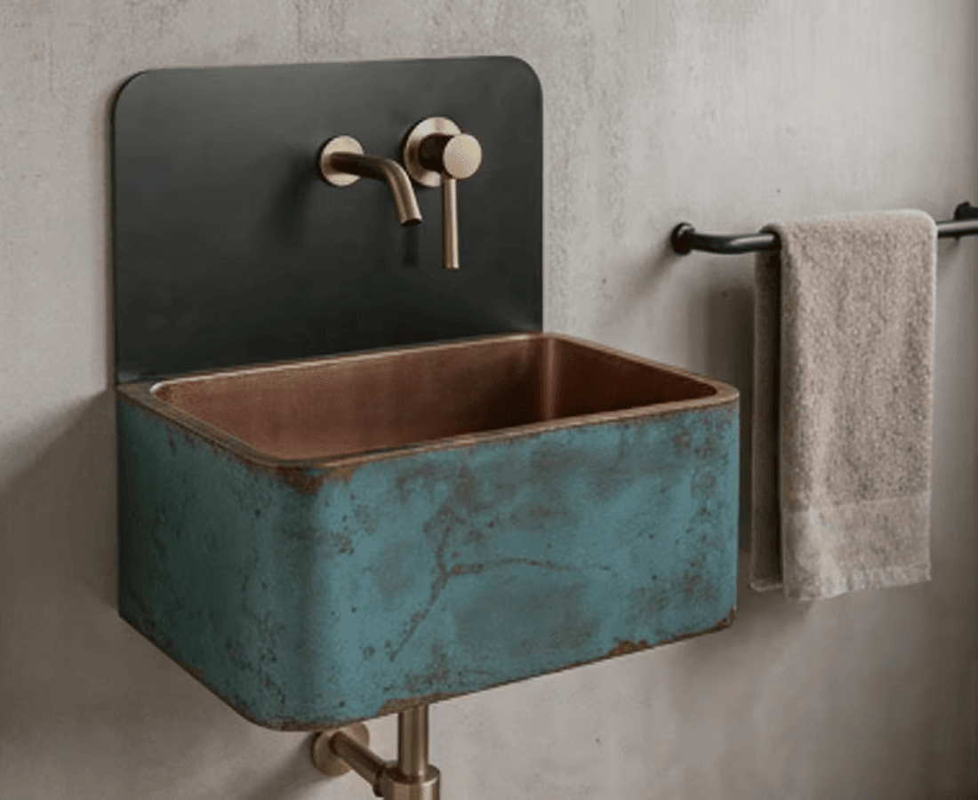 Handcrafted Wall-Mounted Blue Patina Copper Sink - Industrial Vanity Basin Set - Mettlemix