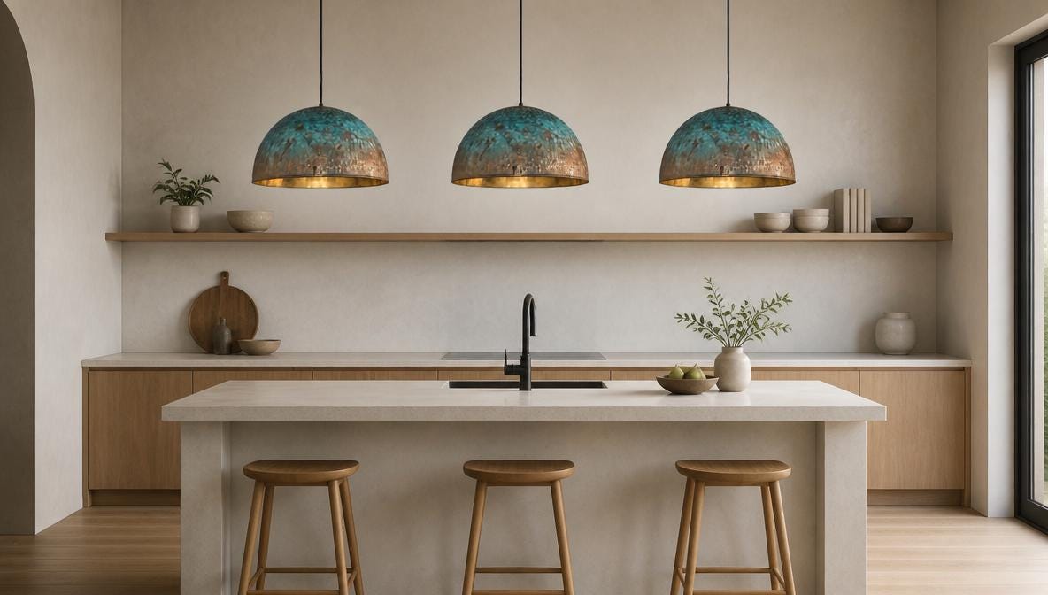 Handmade Blue Patina Brass Dome Pendant Light: Perforated Rustic Hanging Lamp - Mettlemix