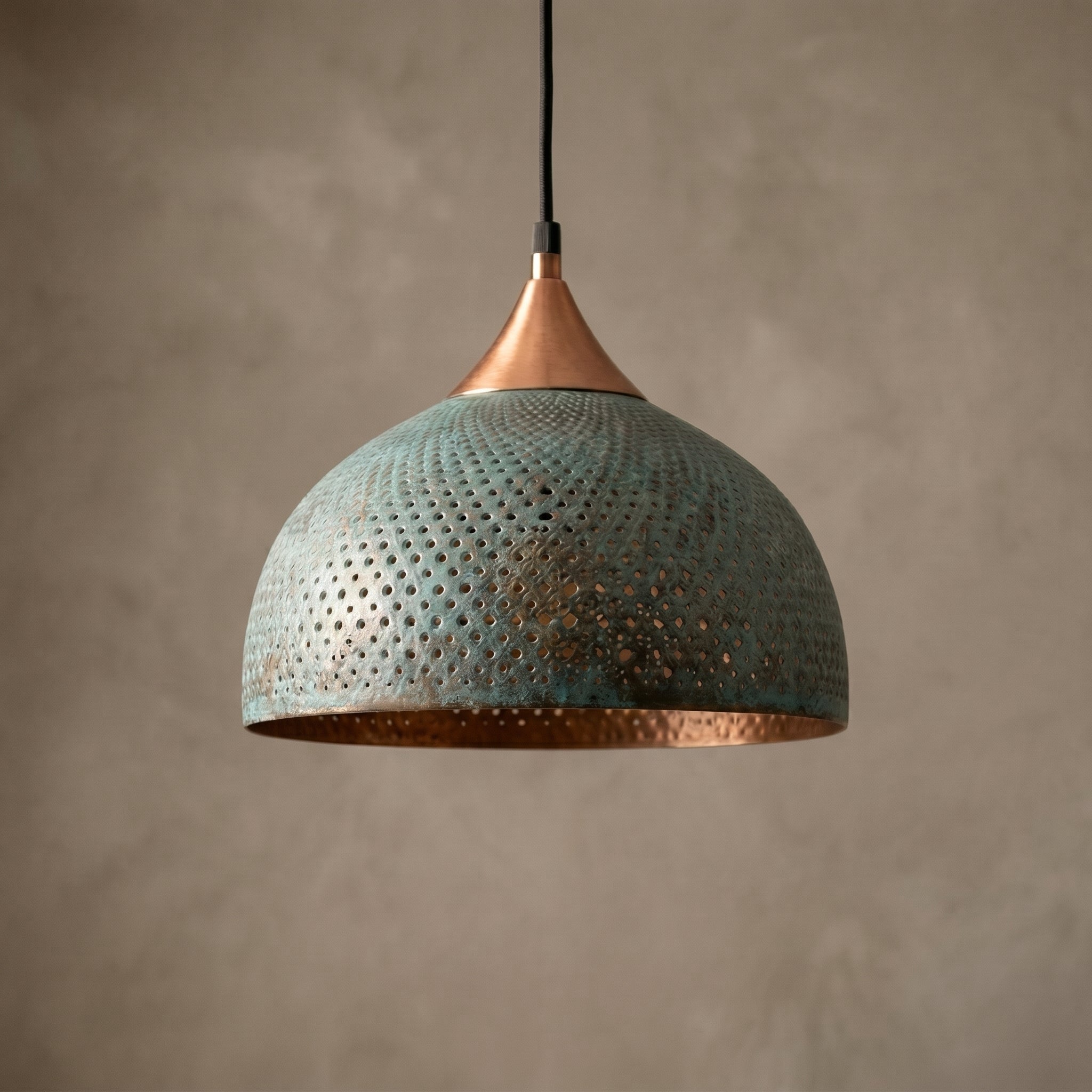 Handmade Blue Patina Brass Dome Pendant Light - Perforated Rustic Hanging Lamp - Mettlemix