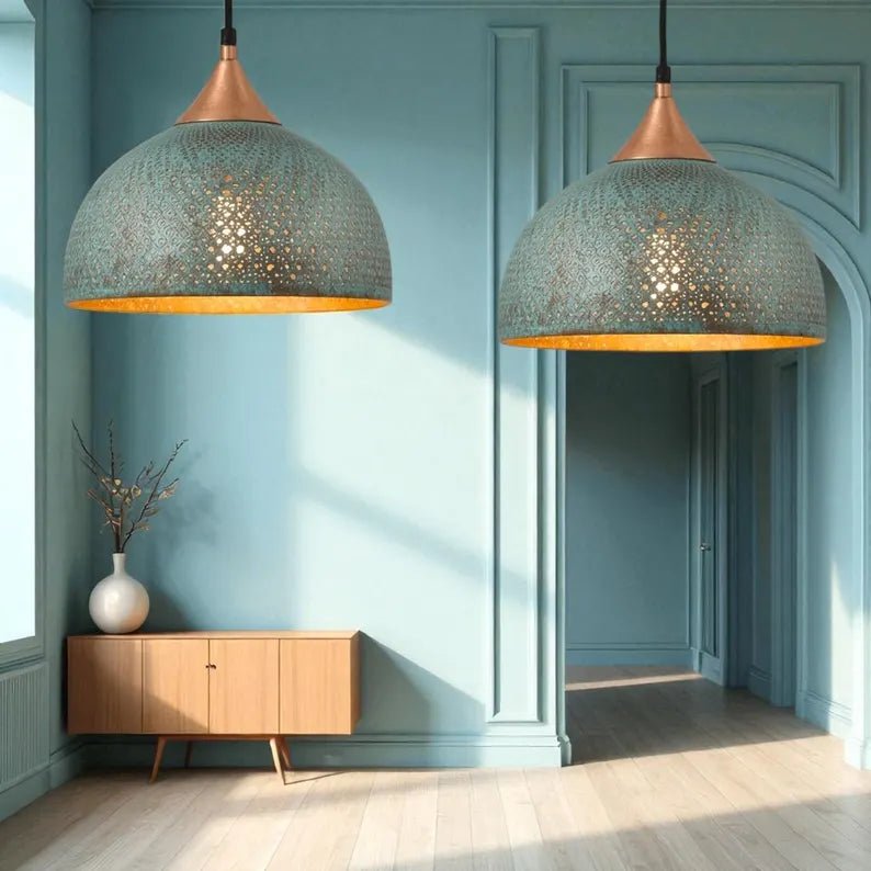 Handmade Blue Patina Brass Dome Pendant Light - Perforated Rustic Hanging Lamp - Mettlemix
