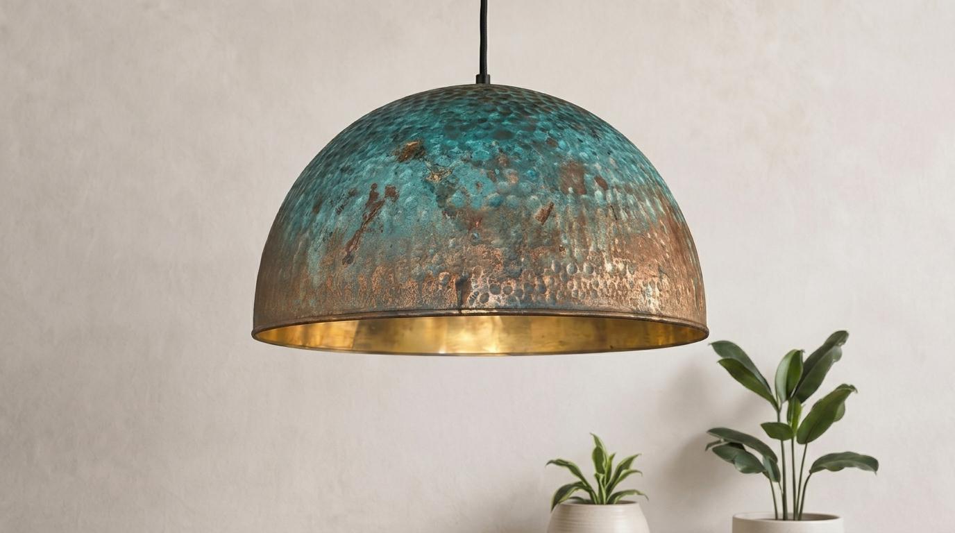 Handmade Blue Patina Brass Dome Pendant Light: Perforated Rustic Hanging Lamp - Mettlemix