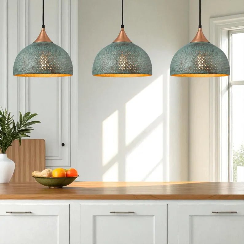 Handmade Blue Patina Brass Dome Pendant Light - Perforated Rustic Hanging Lamp - Mettlemix