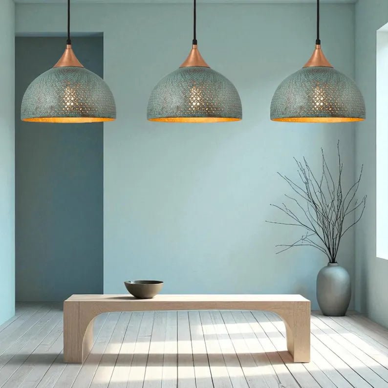 Handmade Blue Patina Brass Dome Pendant Light - Perforated Rustic Hanging Lamp - Mettlemix