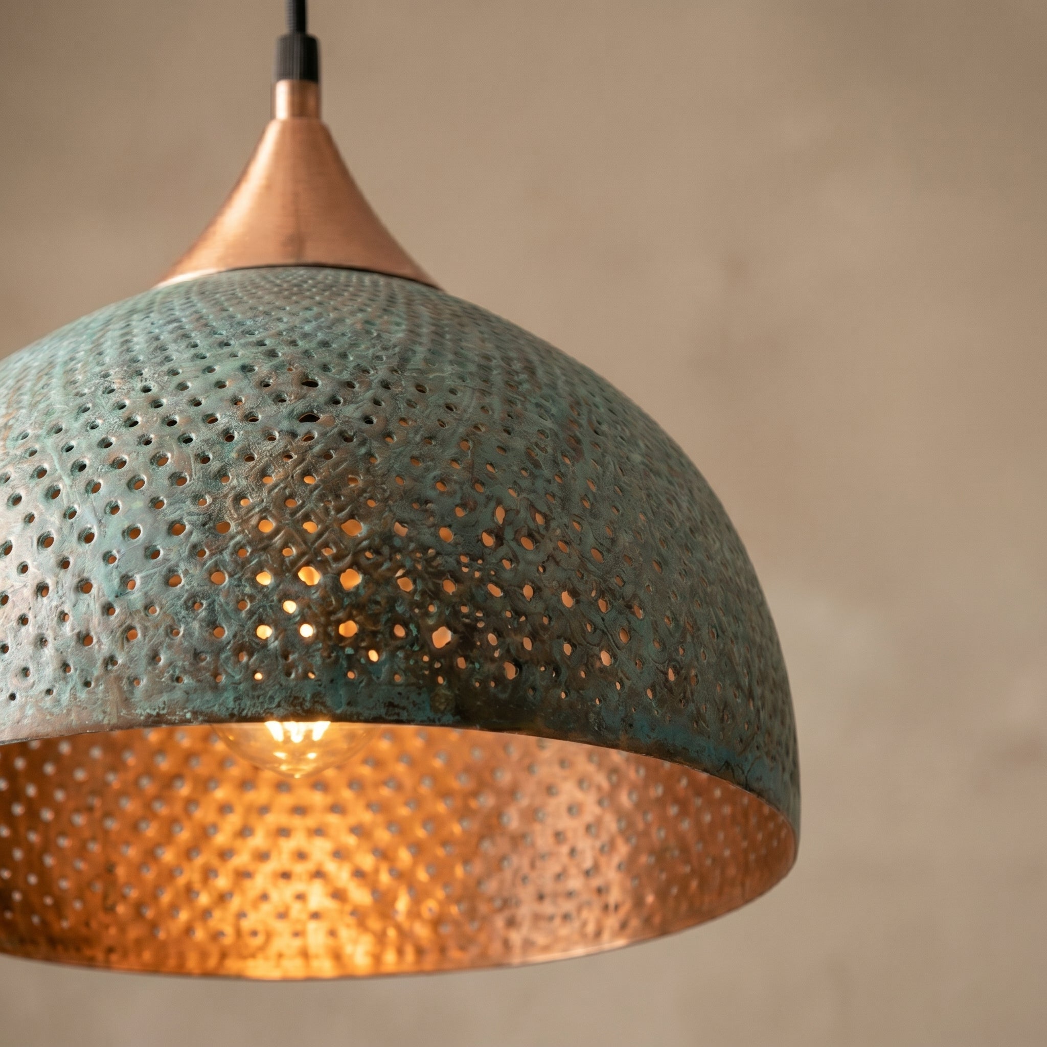 Handmade Blue Patina Brass Dome Pendant Light - Perforated Rustic Hanging Lamp - Mettlemix
