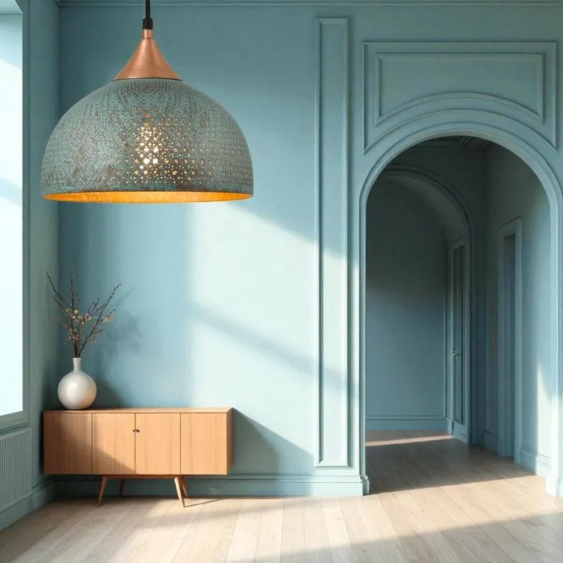 Handmade Blue Patina Brass Dome Pendant Light - Perforated Rustic Hanging Lamp - Mettlemix