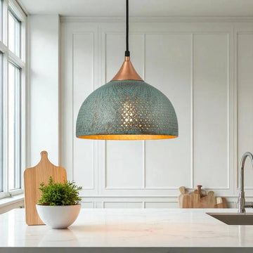 Handmade Blue Patina Brass Dome Pendant Light - Perforated Rustic Hanging Lamp - Mettlemix