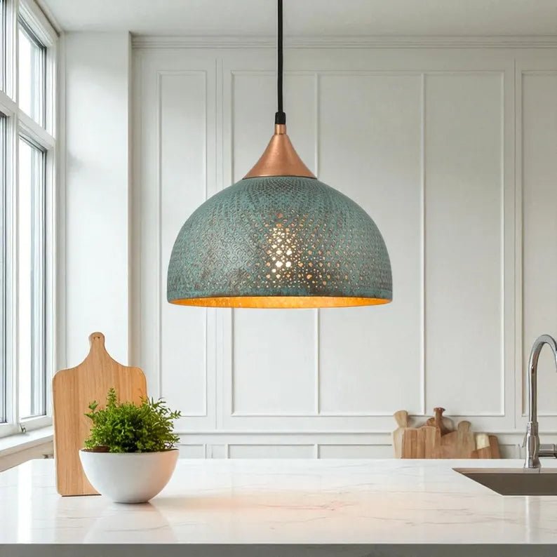 Handmade Blue Patina Brass Dome Pendant Light - Perforated Rustic Hanging Lamp - Mettlemix