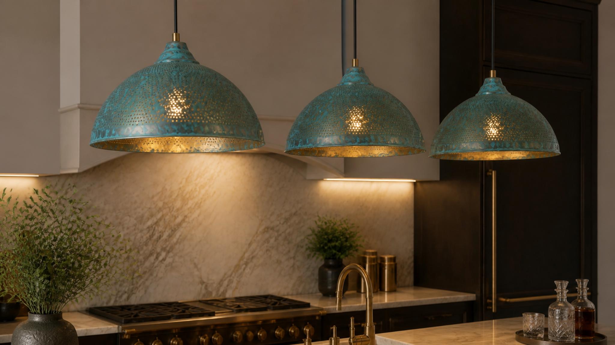 Handmade Blue Patina Brass Dome Pendant Light: Rustic Vintage Hanging Lamp - Mettlemix