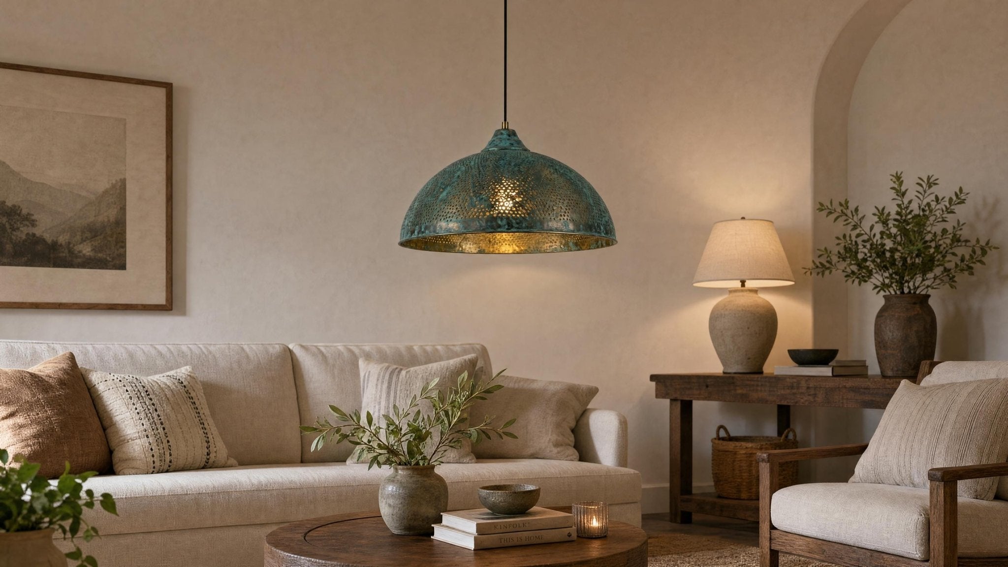 Handmade Blue Patina Brass Dome Pendant Light: Rustic Vintage Hanging Lamp - Mettlemix