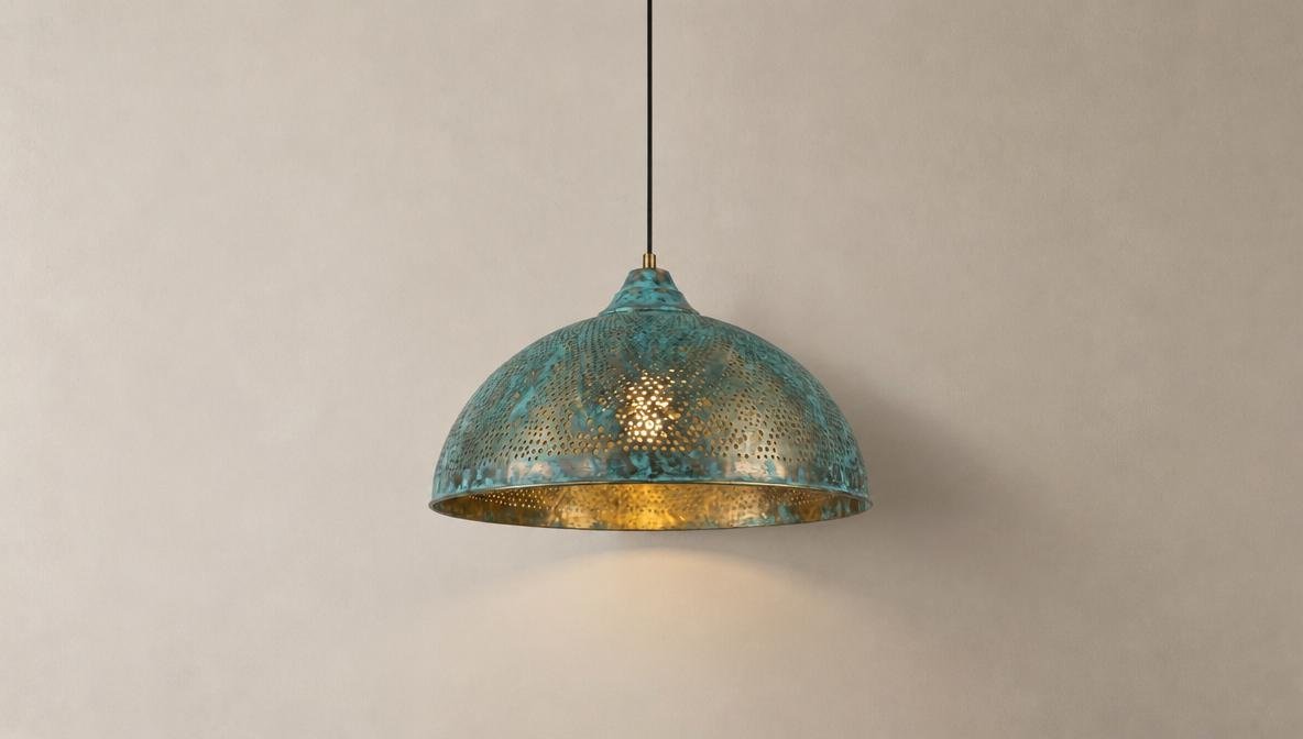 Handmade Blue Patina Brass Dome Pendant Light: Rustic Vintage Hanging Lamp - Mettlemix