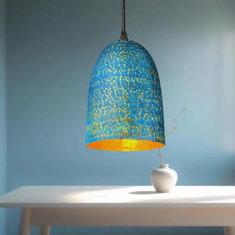 Handmade Blue Patina Brass Pendant Light - Rustic Dome Ceiling Lamp - Mettlemix