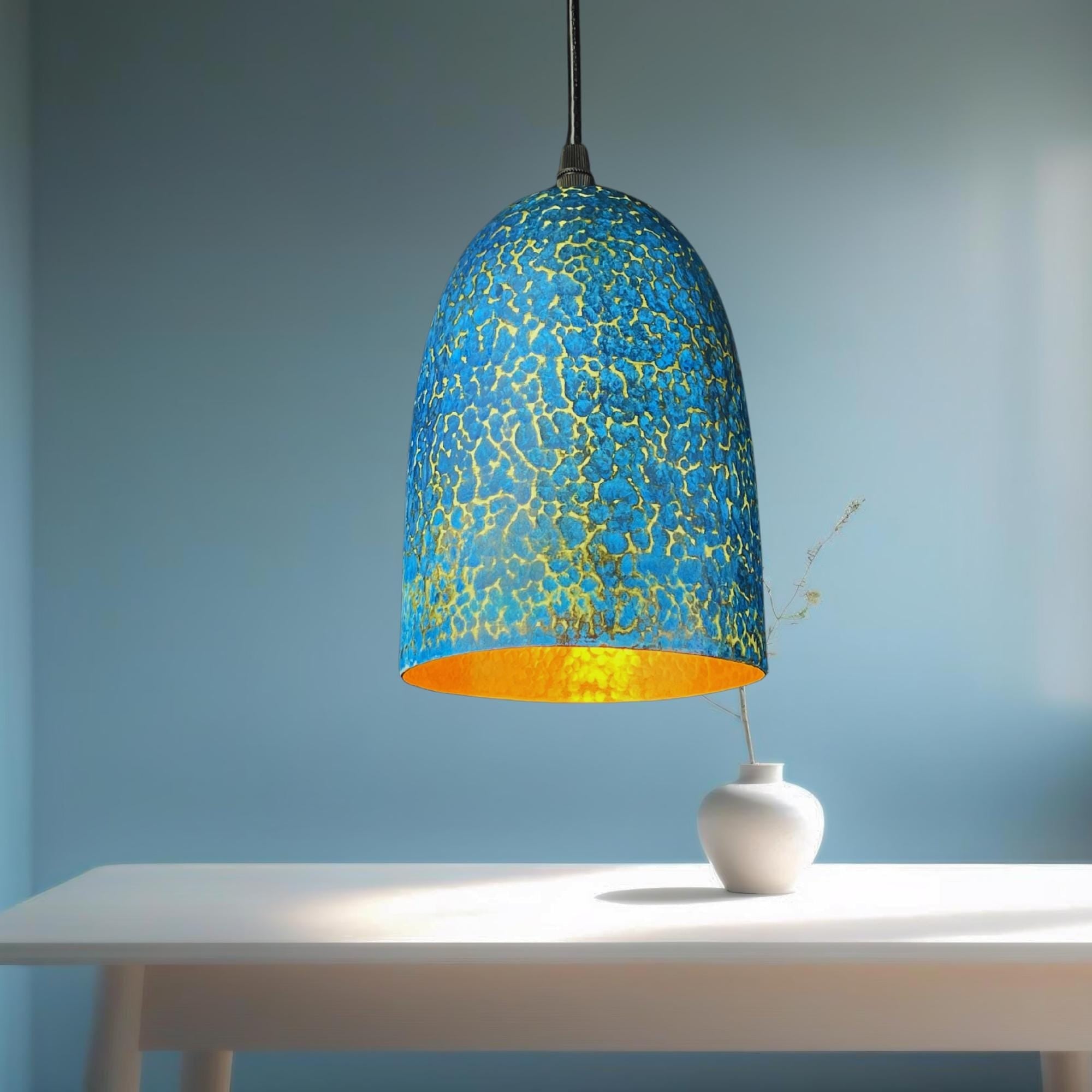 Handmade Blue Patina Brass Pendant Light: Rustic Dome Ceiling Lamp - Mettlemix