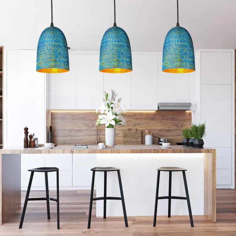 Handmade Blue Patina Brass Pendant Light - Rustic Dome Ceiling Lamp - Mettlemix