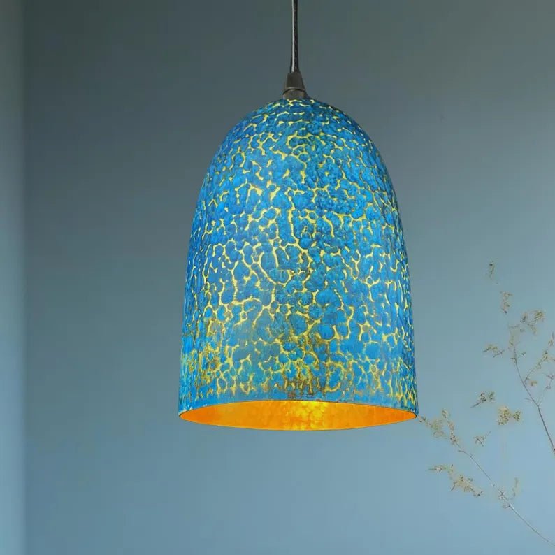 Handmade Blue Patina Brass Pendant Light - Rustic Dome Ceiling Lamp - Mettlemix