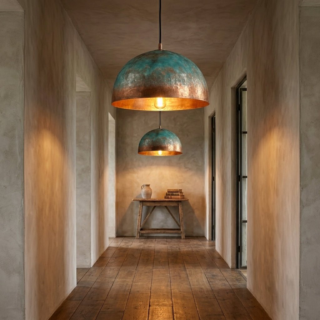 Handmade Blue Patina Copper Dome Pendant Light - Rustic Chandelier - Mettlemix