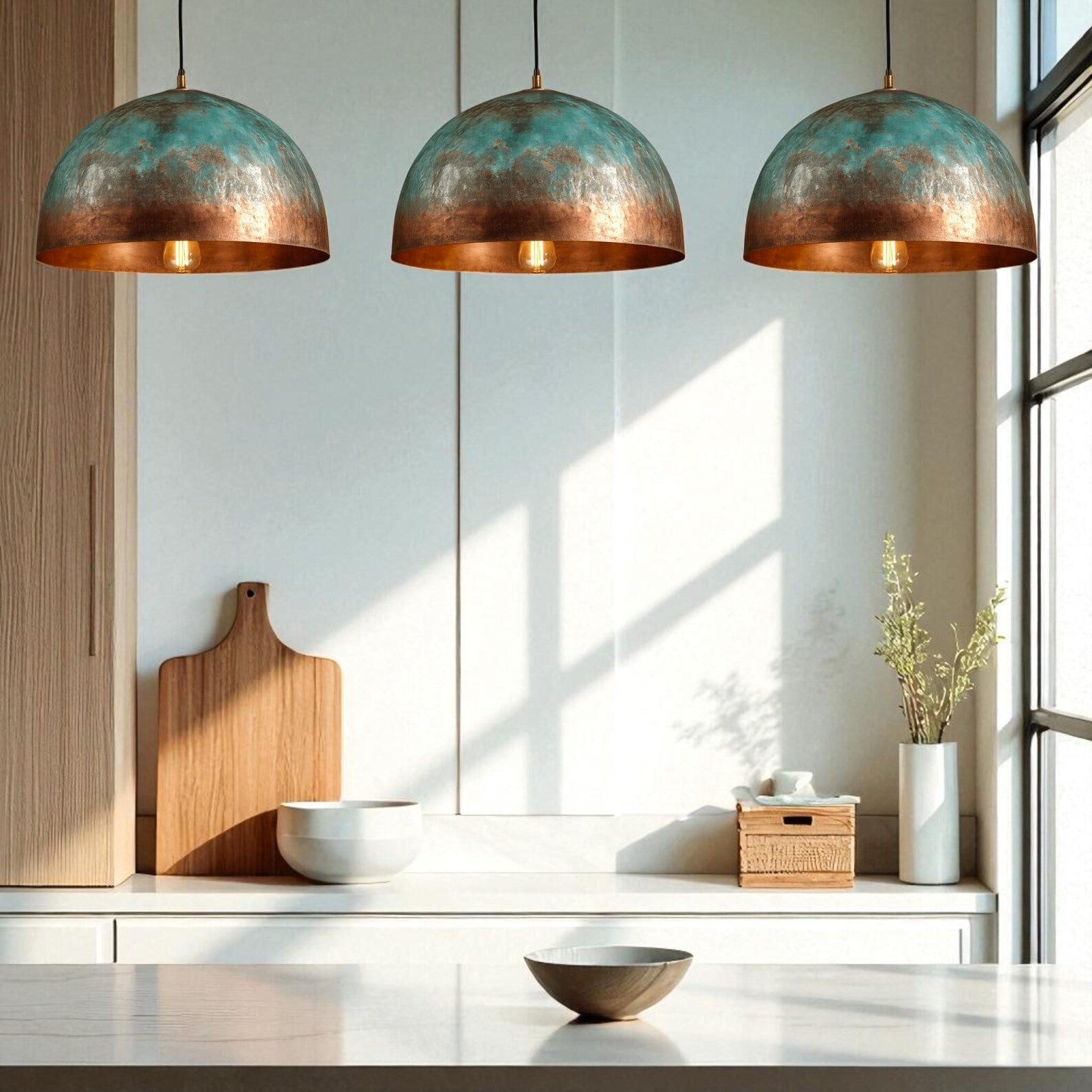 Handmade Blue Patina Copper Dome Pendant Light - Rustic Chandelier - Mettlemix