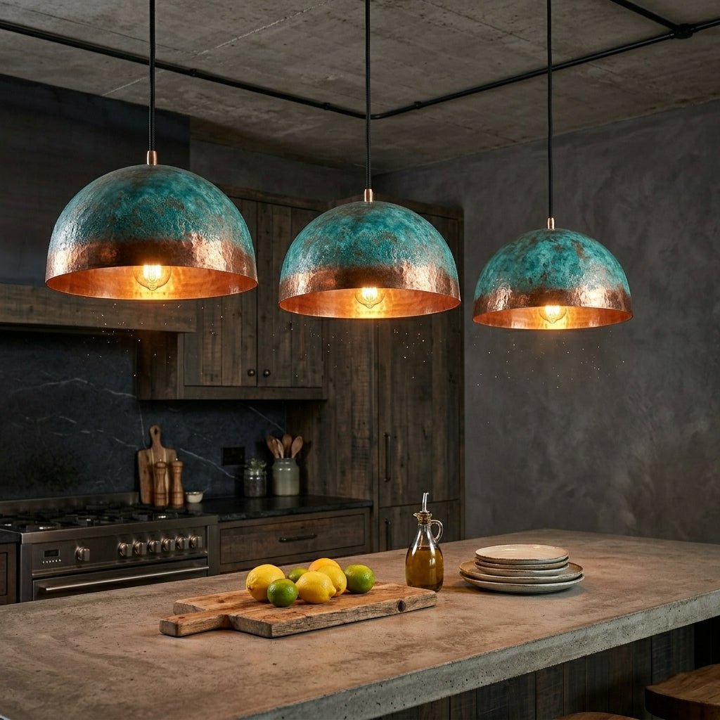 Handmade Blue Patina Copper Dome Pendant Light - Rustic Chandelier - Mettlemix