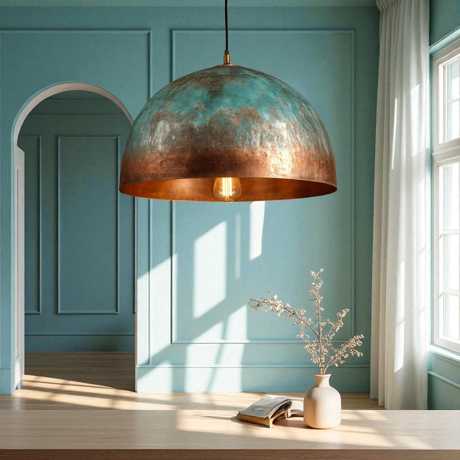 Handmade Blue Patina Copper Dome Pendant Light - Rustic Chandelier - Mettlemix