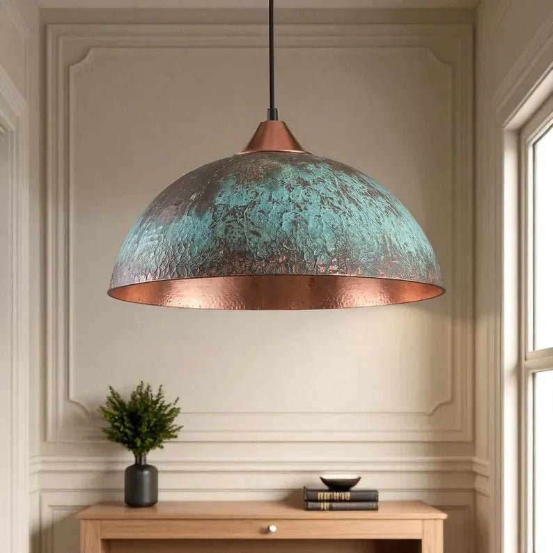 Handmade Blue Patina Copper Dome Pendant Light - Rustic Vintage Hanging Lamp - Mettlemix