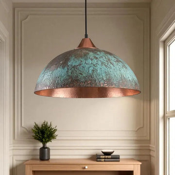 Handmade Blue Patina Copper Dome Pendant Light - Rustic Vintage Hanging Lamp - Mettlemix