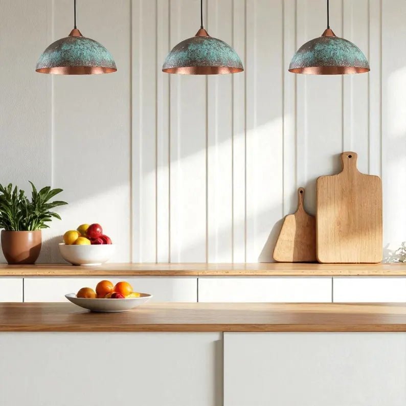 Handmade Blue Patina Copper Dome Pendant Light - Rustic Vintage Hanging Lamp - Mettlemix